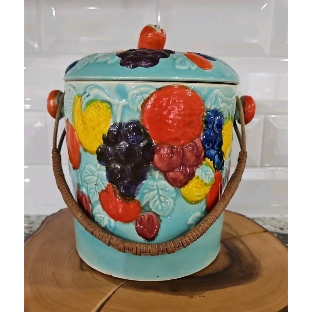 Vintage Biscuit Jar With Lid & Wicker‎ Handle Ceramic Made In Japan 8.5×6×6 inc